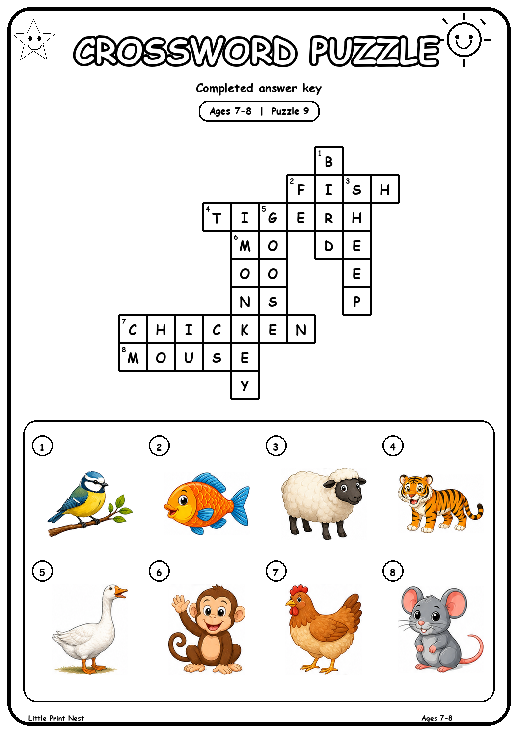 Completed answer key for Picture Crossword Puzzle 9 for Ages 7-8