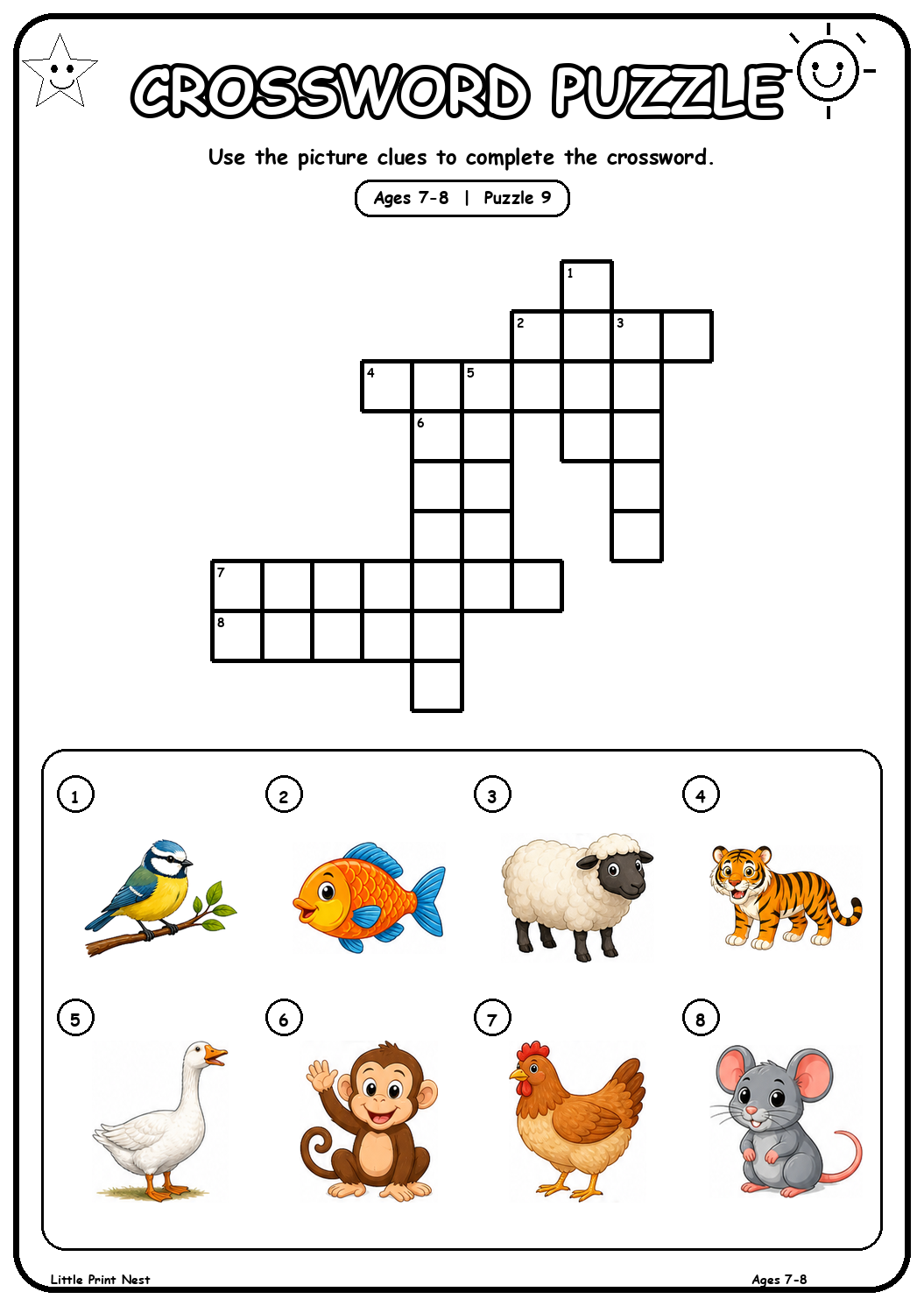 Printable picture crossword puzzle 9 with eight animal clues for ages 7-8