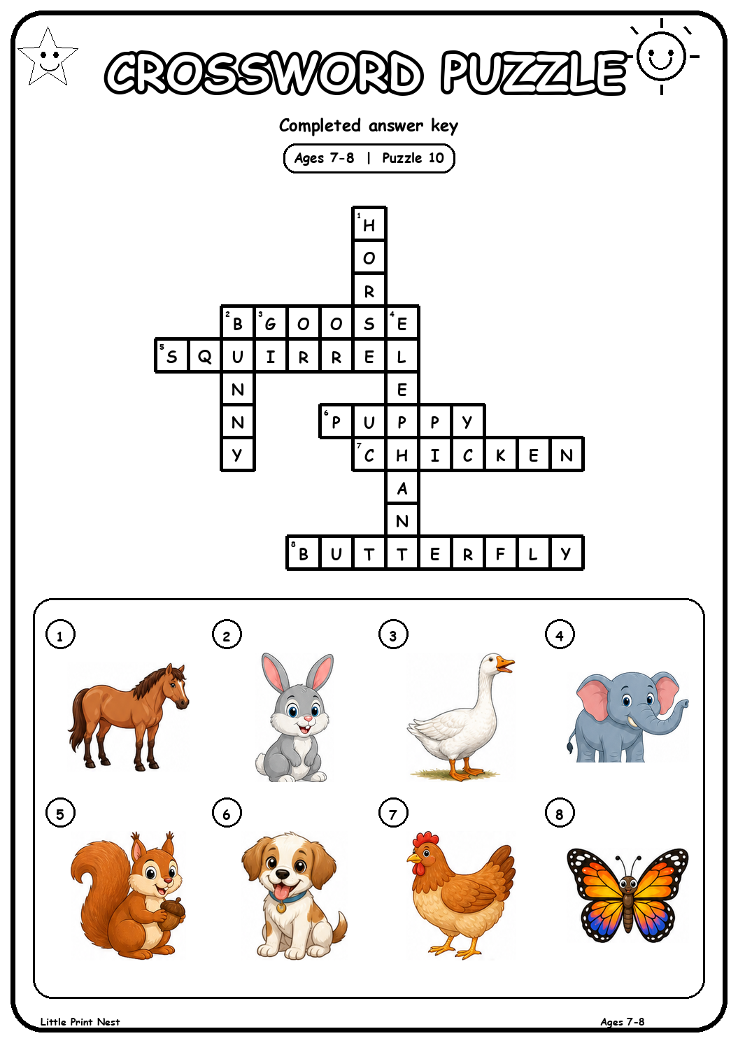 Completed answer key for Picture Crossword Puzzle 10 for Ages 7-8