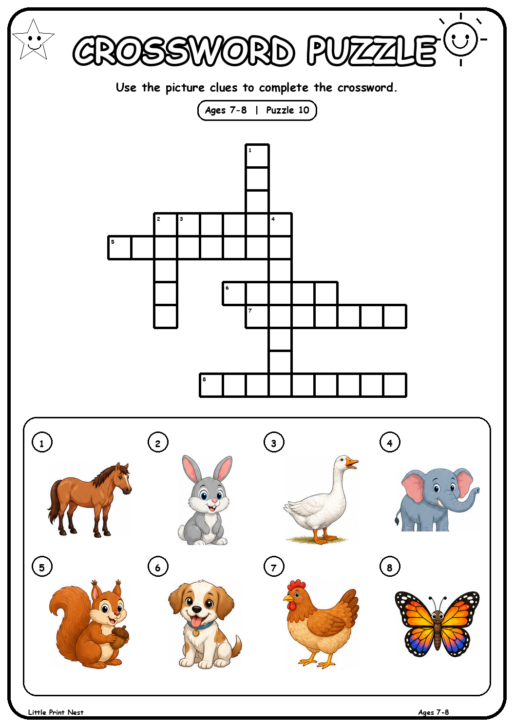 Printable picture crossword puzzle 10 with eight animal clues for ages 7-8