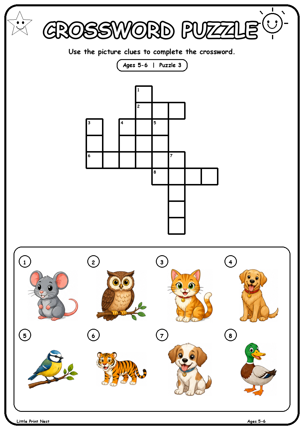 Printable picture crossword puzzle 3 with eight animal clues for ages 5-6