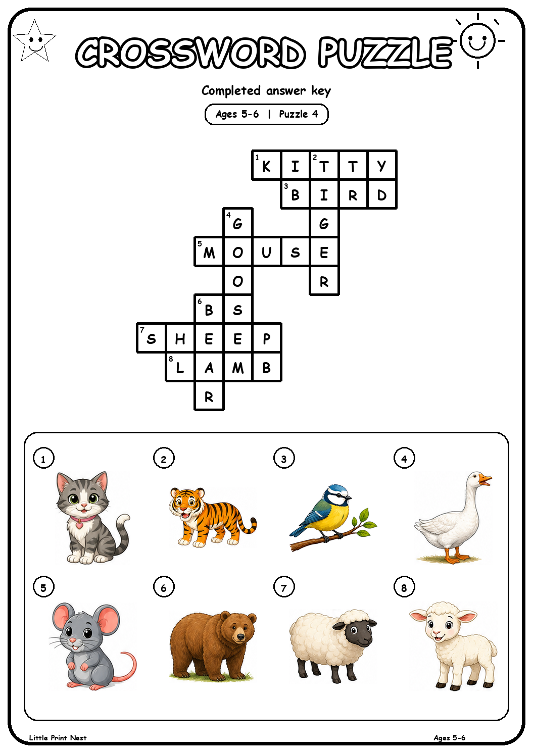 Completed answer key for Picture Crossword Puzzle 4 for Ages 5-6