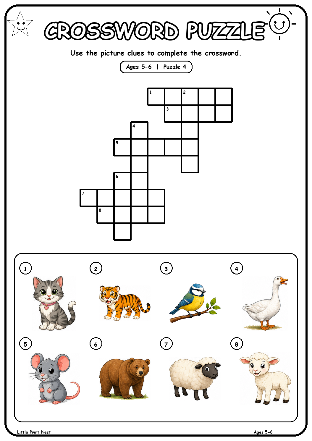 Printable picture crossword puzzle 4 with eight animal clues for ages 5-6
