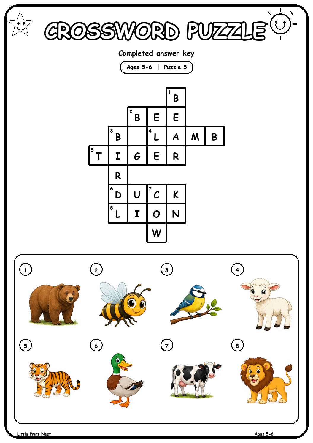 Completed answer key for Picture Crossword Puzzle 5 for Ages 5-6