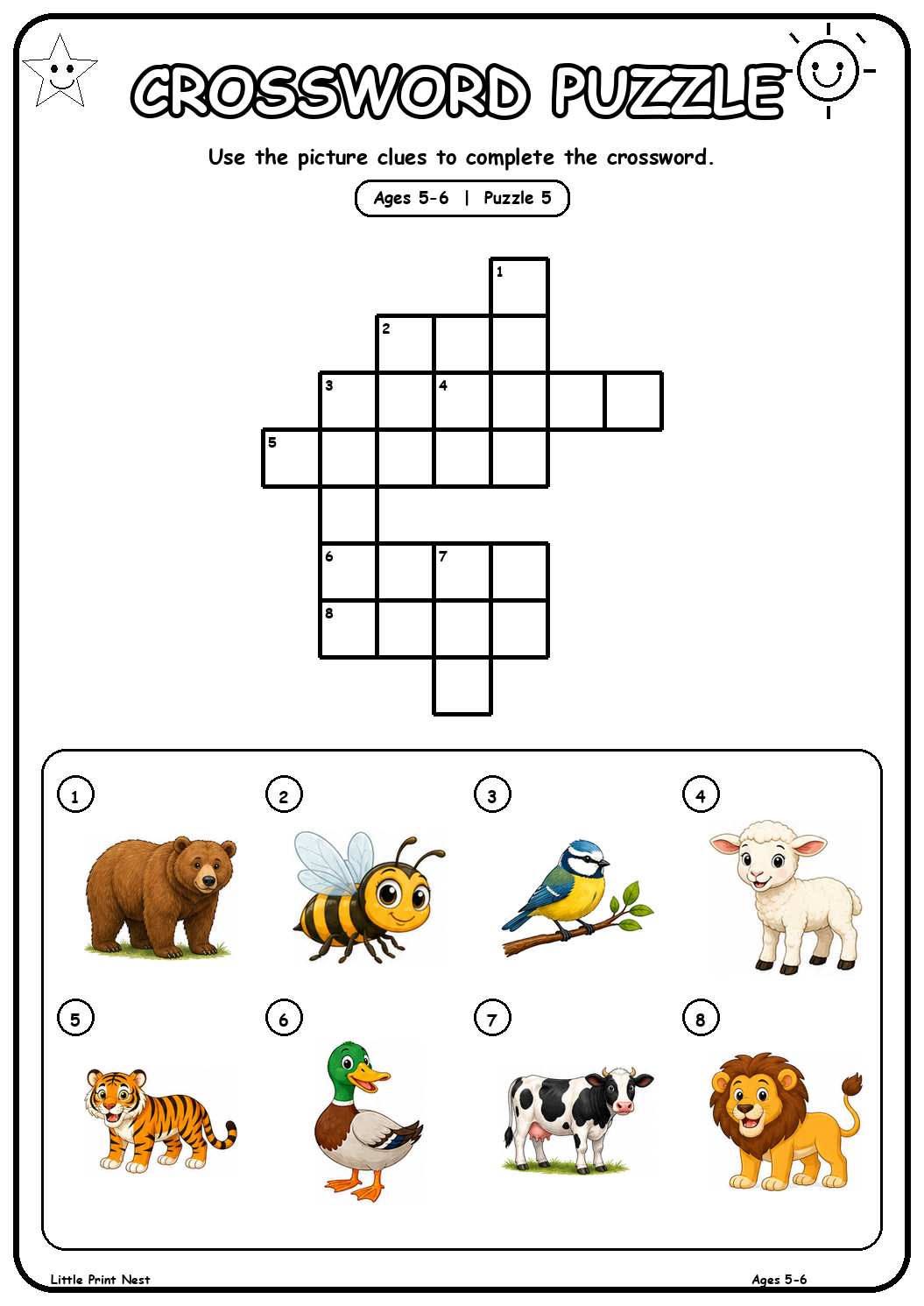 Printable picture crossword puzzle 5 with eight animal clues for ages 5-6