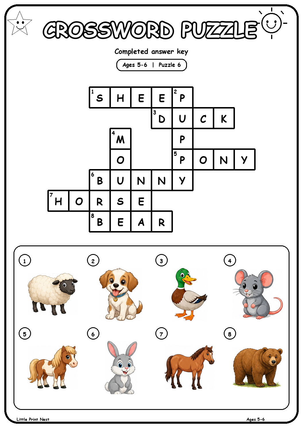Completed answer key for Picture Crossword Puzzle 6 for Ages 5-6