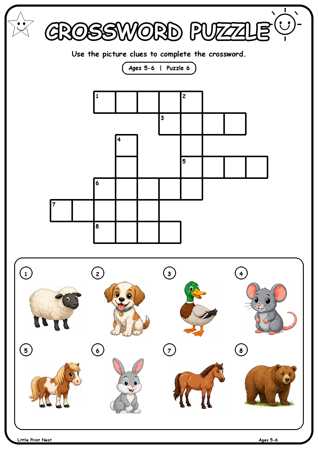 Printable picture crossword puzzle 6 with eight animal clues for ages 5-6