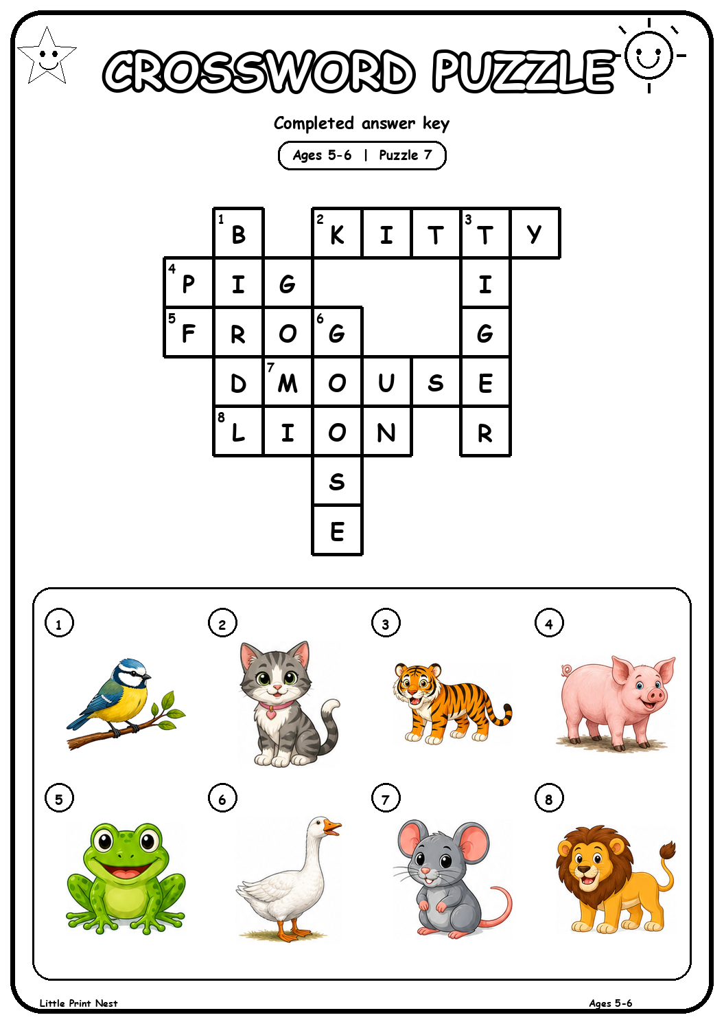 Completed answer key for Picture Crossword Puzzle 7 for Ages 5-6