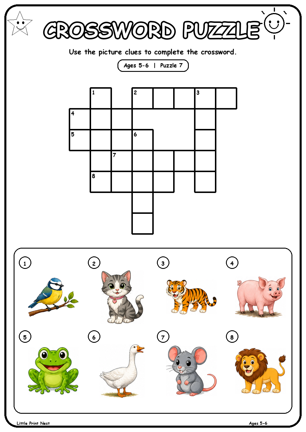 Printable picture crossword puzzle 7 with eight animal clues for ages 5-6