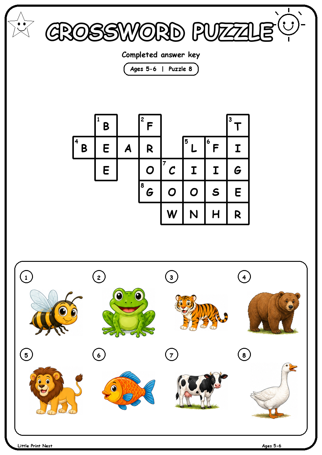 Completed answer key for Picture Crossword Puzzle 8 for Ages 5-6
