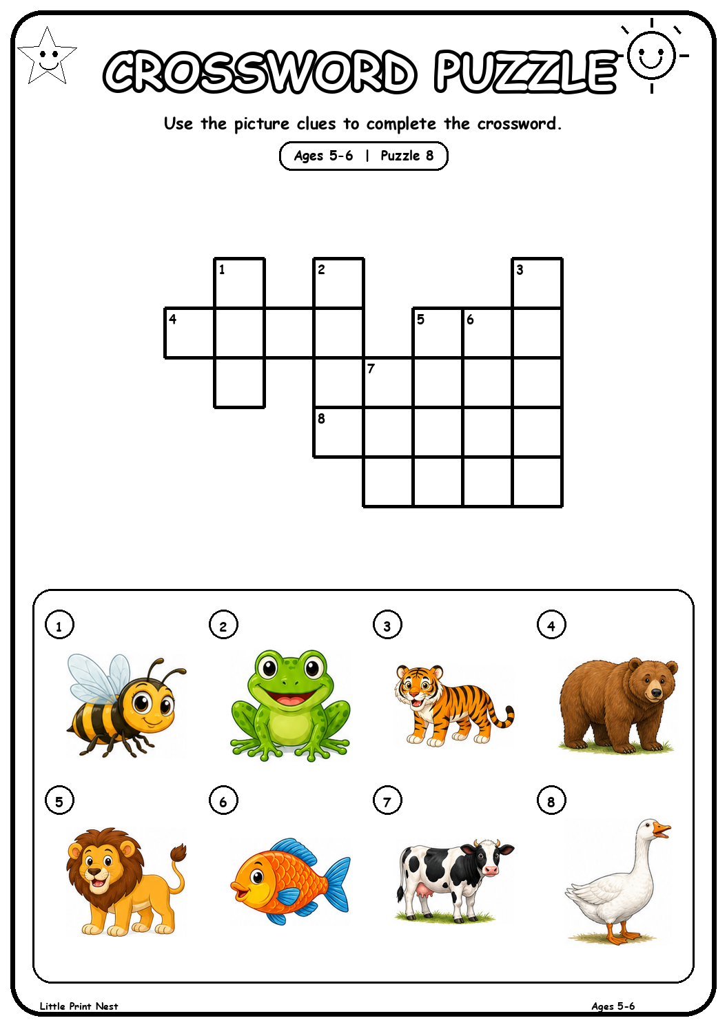 Printable picture crossword puzzle 8 with eight animal clues for ages 5-6