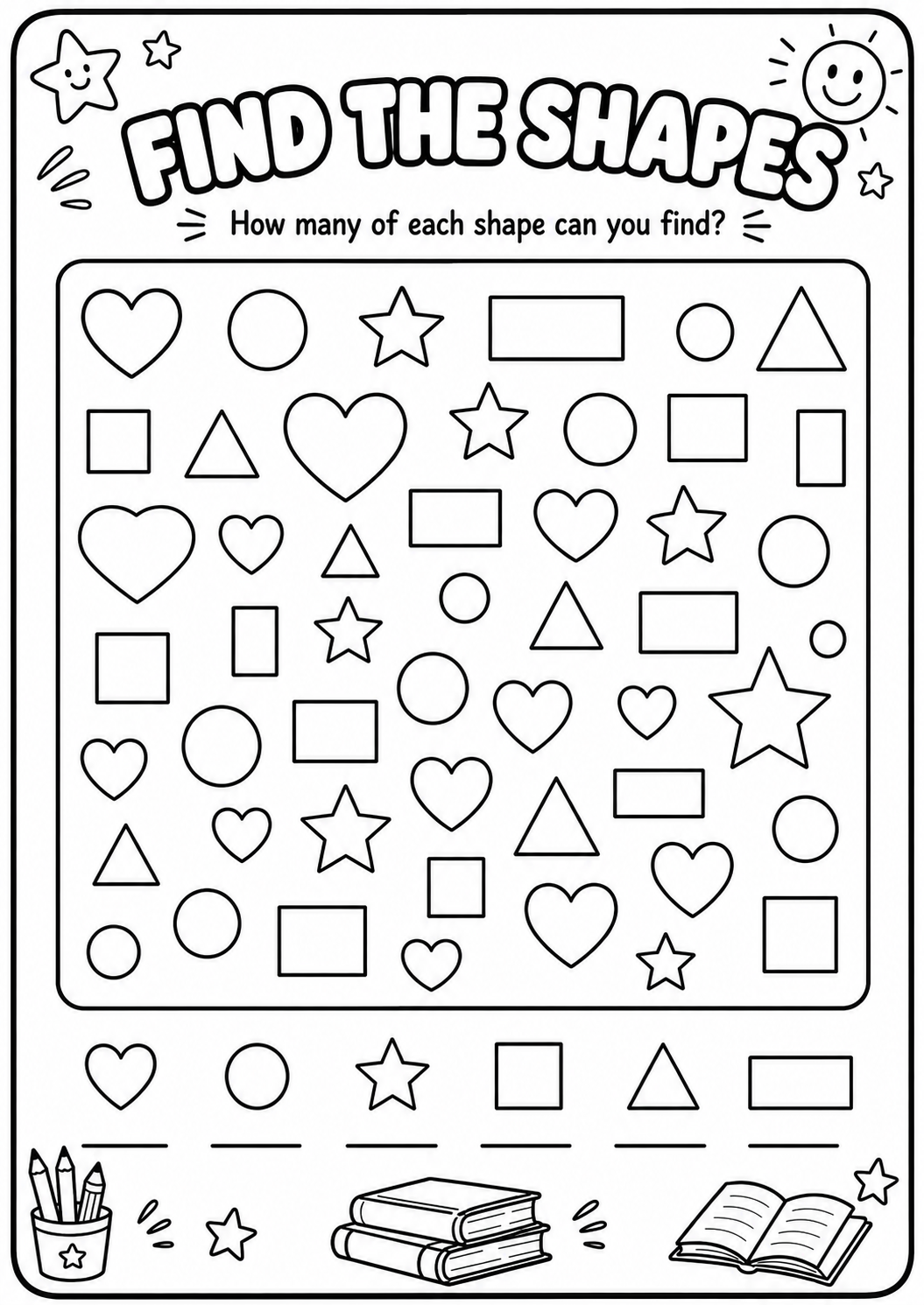 Search a busy shape field for hearts, circles, stars, squares, triangles and rectangles, then record the total for each shape. This printable develops shape recognition, counting and careful observation for children ages 4–7.