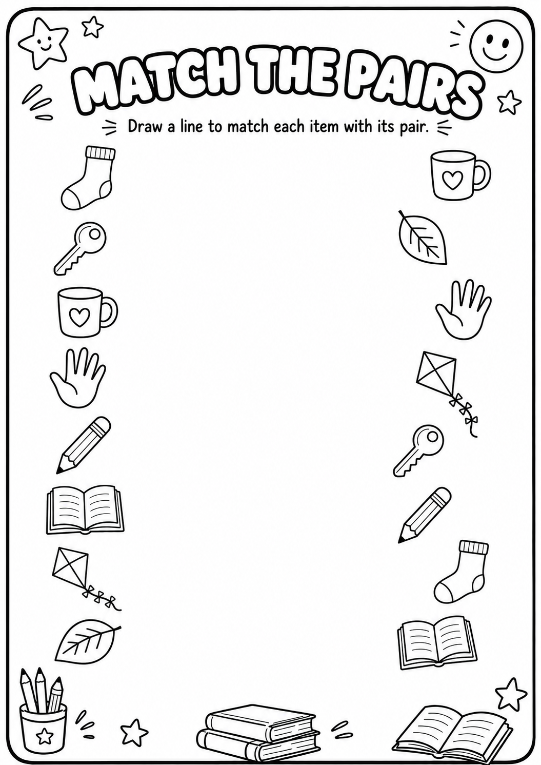 Draw lines between matching everyday objects arranged on opposite sides of the page, including socks, keys, mugs, hands, pencils, books, kites and leaves. This beginner worksheet builds visual matching and pencil-control skills for ages 3–6.