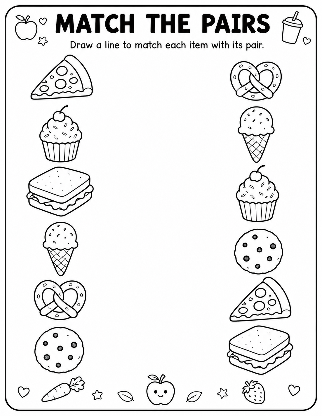 Printable favorite foods match-the-pairs worksheet with pizza, cupcake, sandwich, ice cream, pretzel and cookie