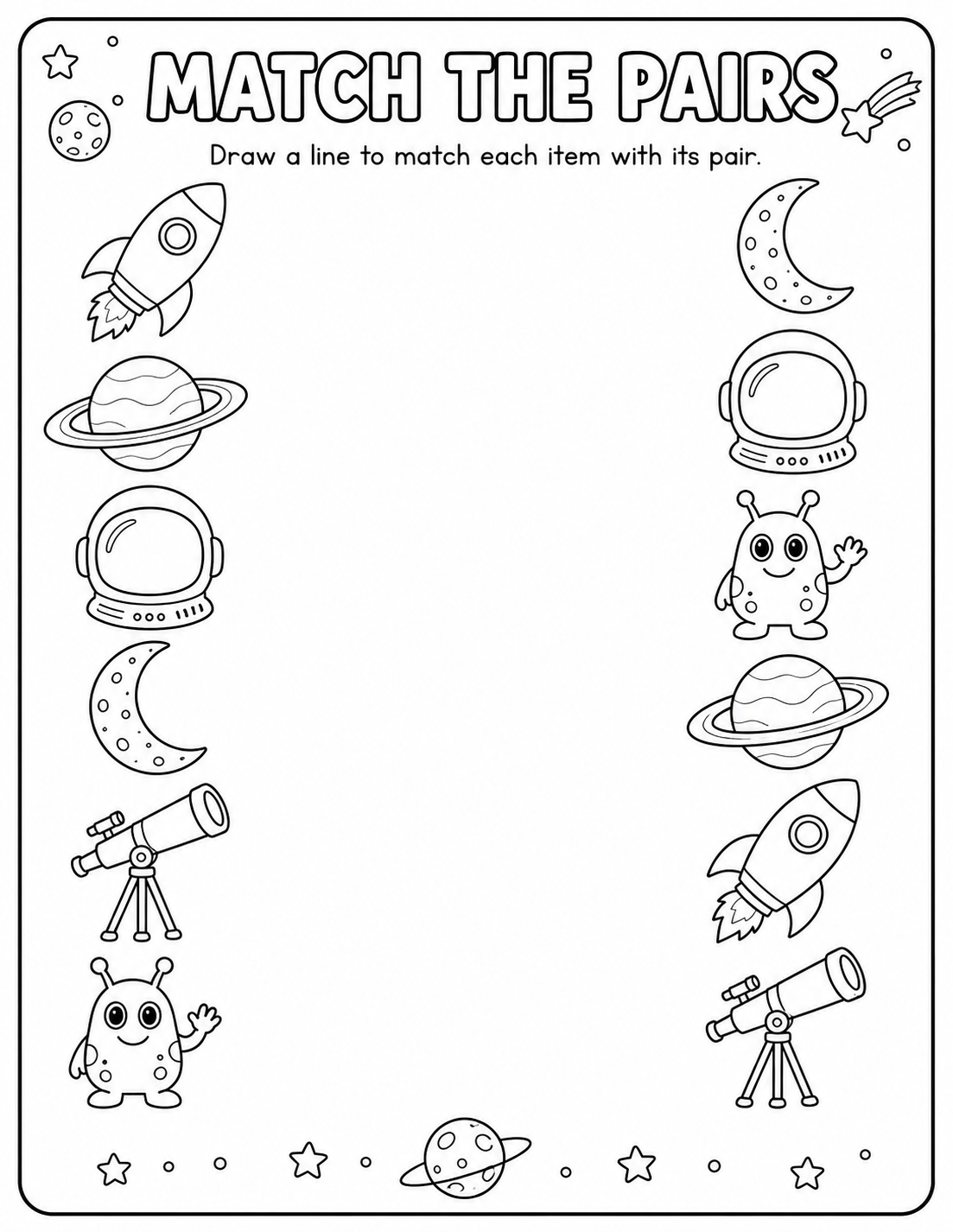 Printable space match-the-pairs worksheet with rocket, ringed planet, astronaut helmet, moon, telescope and friendly alien