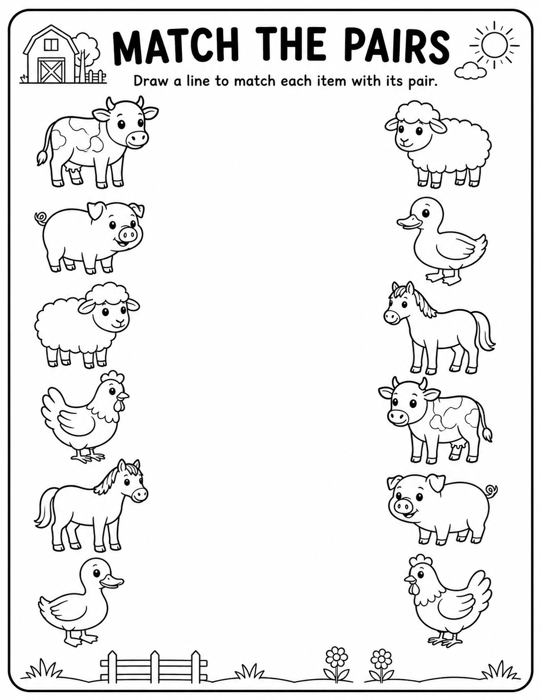 Printable farm animals match-the-pairs worksheet with cow, pig, sheep, chicken, horse and duck pictures