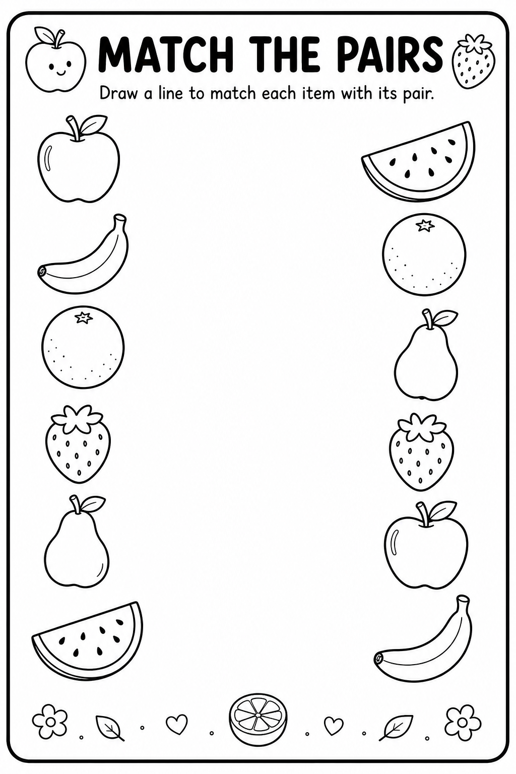 Printable fruit match-the-pairs worksheet with apple, banana, orange, strawberry, pear and watermelon pictures