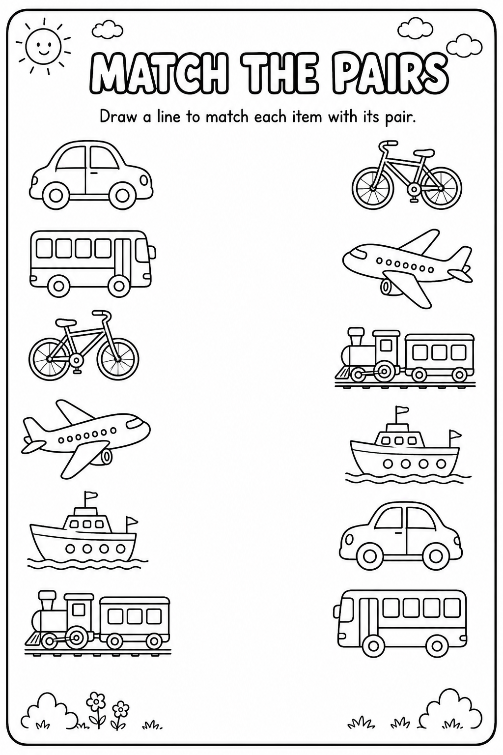 Printable transport match-the-pairs worksheet with car, bus, bicycle, airplane, boat and train pictures