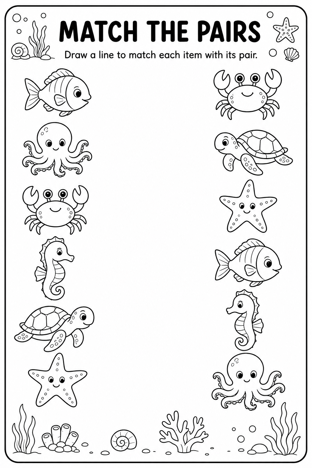 Printable ocean animals match-the-pairs worksheet with fish, octopus, crab, seahorse, turtle and starfish