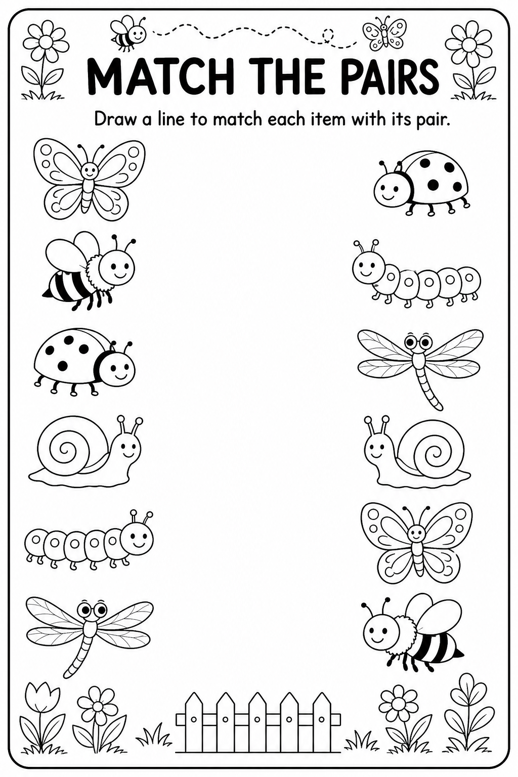 Printable garden insects match-the-pairs worksheet with butterfly, bee, ladybug, snail, caterpillar and dragonfly