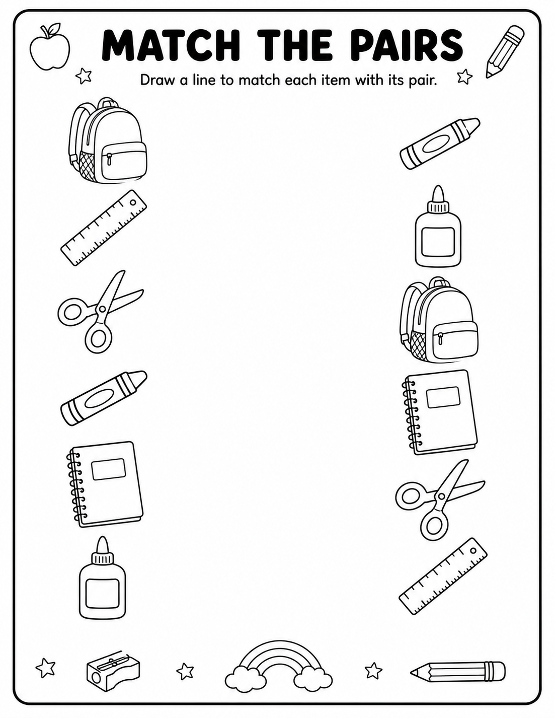 Printable school supplies match-the-pairs worksheet with backpack, ruler, scissors, crayon, notebook and glue