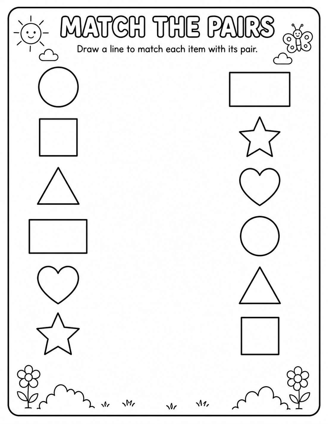 Printable shapes match-the-pairs worksheet with circle, square, triangle, rectangle, heart and star