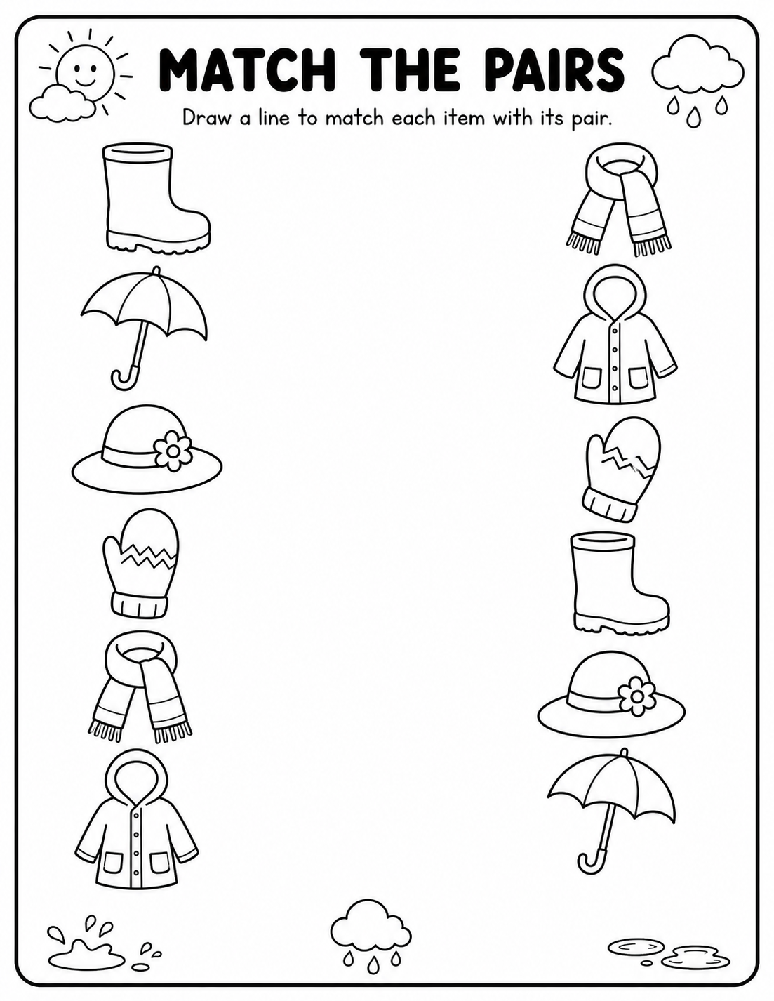 Printable weather clothing match-the-pairs worksheet with rain boot, umbrella, sun hat, mitten, scarf and raincoat