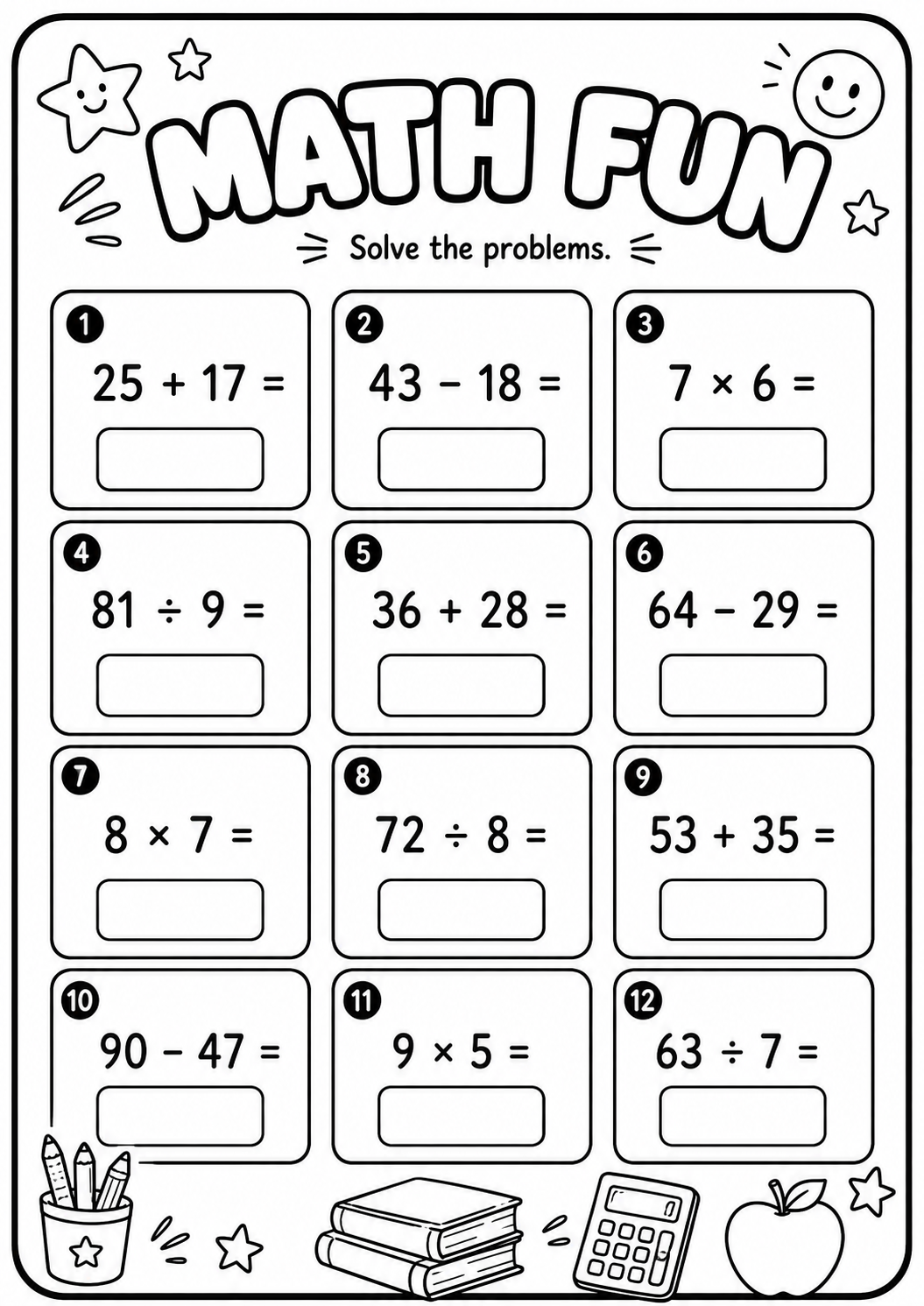 Solve twelve mixed arithmetic problems using two-digit addition and subtraction plus multiplication and division facts. Spacious answer boxes make this printable math-practice sheet suitable for confident learners ages 7–10.