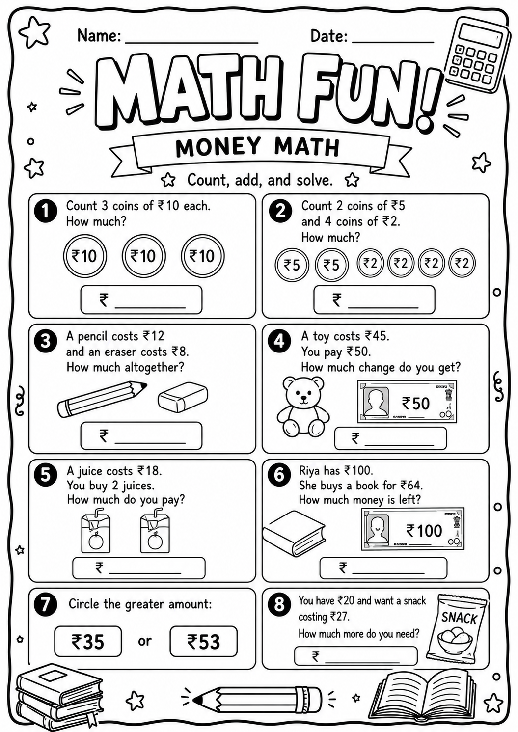 Printable Indian money Math Fun worksheet using rupee coins and notes for totals, change and comparison for ages 9 and 10