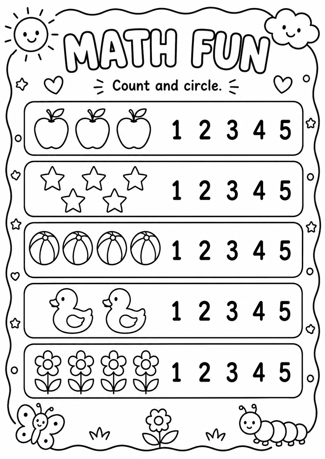 Printable Math Fun count-and-circle worksheet with picture groups and numbers one to five for age 5