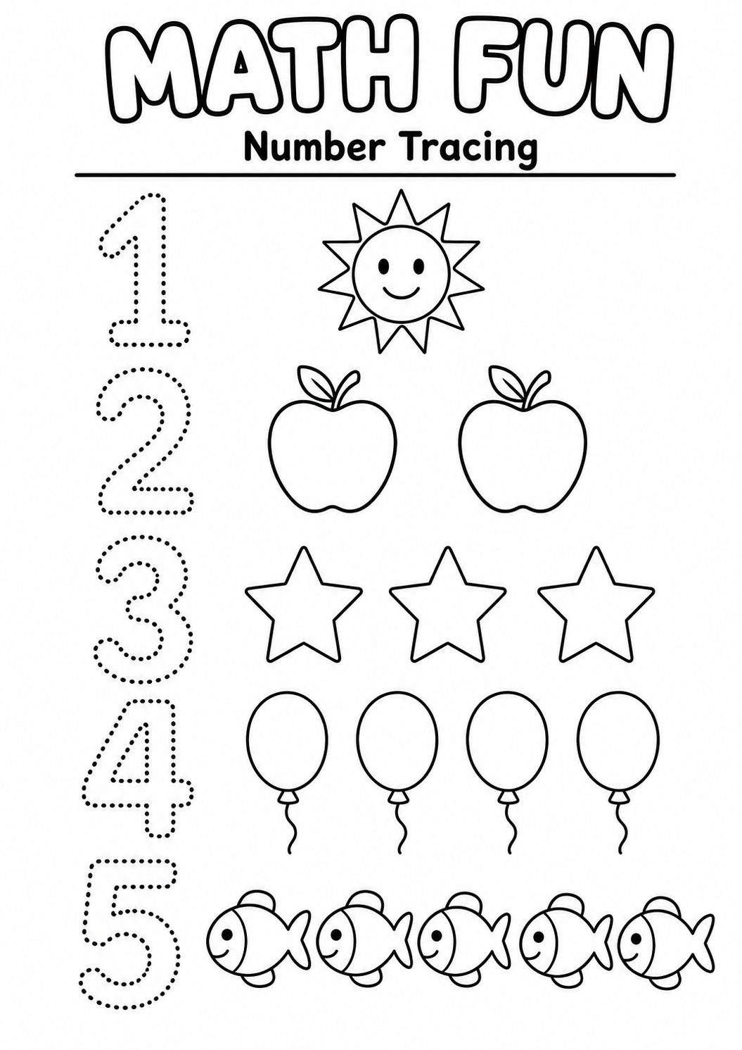 Printable Math Fun number-tracing worksheet with dotted numerals one to five and matching picture quantities for age 5