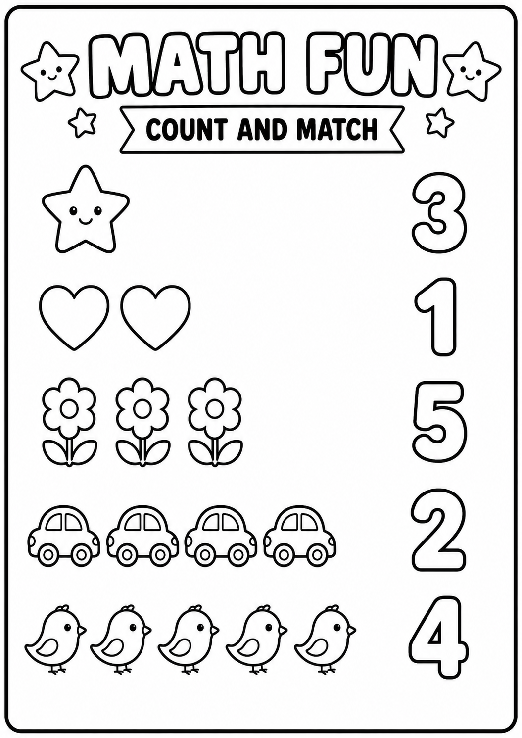 Printable Math Fun count-and-match worksheet with five picture groups and numerals one to five for age 5