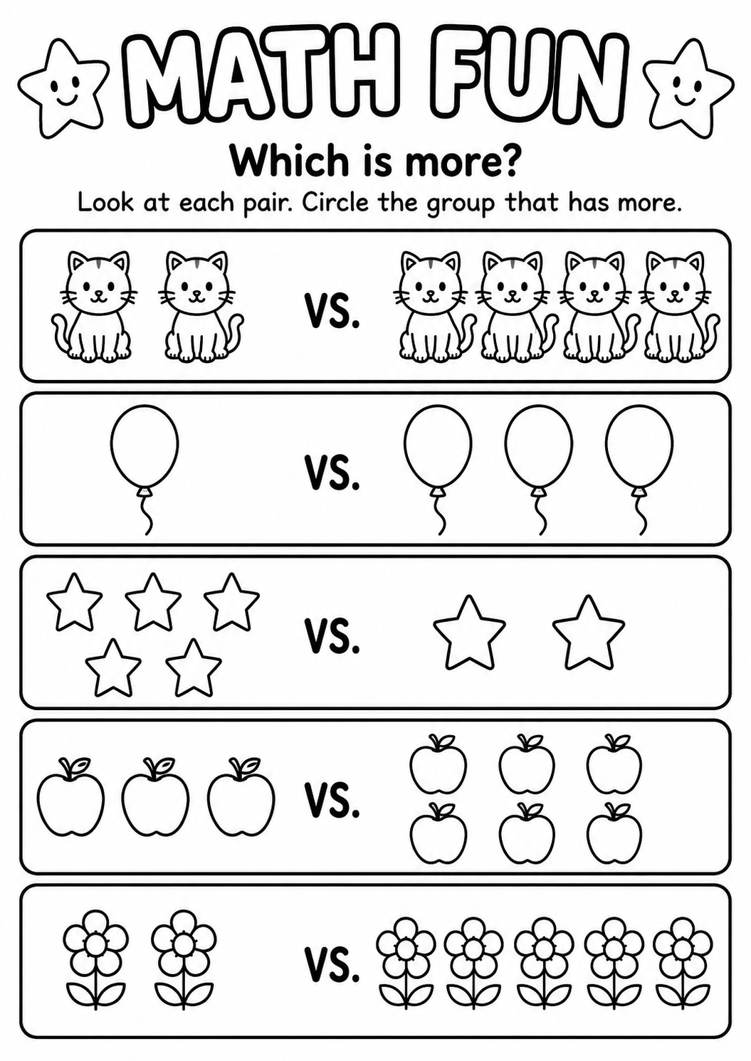 Printable Math Fun which-is-more comparison worksheet with pairs of picture groups for age 5