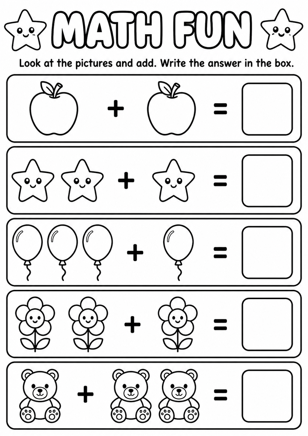 Printable Math Fun picture-addition worksheet with five simple sums and answer boxes for age 5
