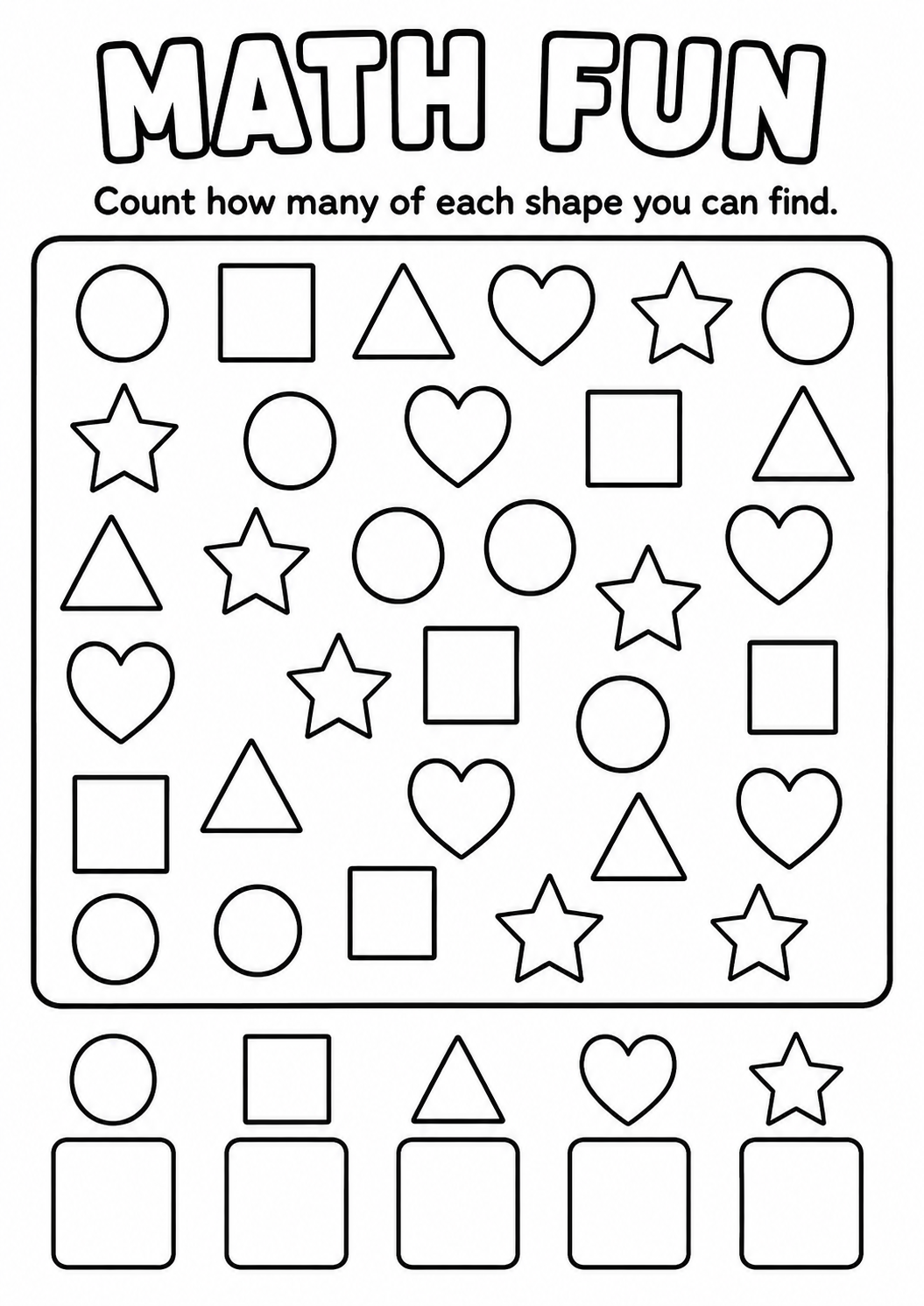 Printable Math Fun count-the-shapes worksheet with circles, squares, triangles, hearts and stars for age 5