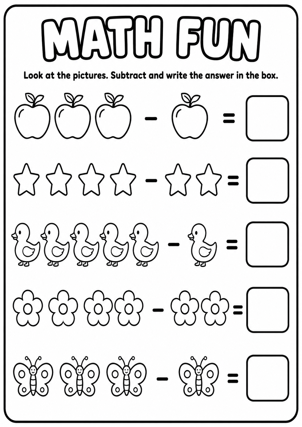 Printable Math Fun picture-subtraction worksheet with five visual problems and answer boxes for age 5