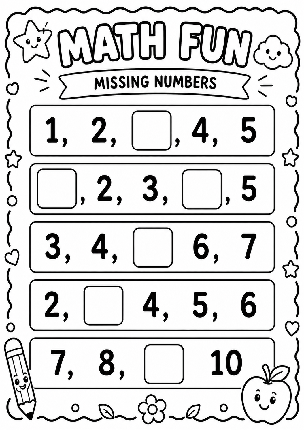 Printable Math Fun missing-numbers worksheet with number sequences from one to ten for age 5