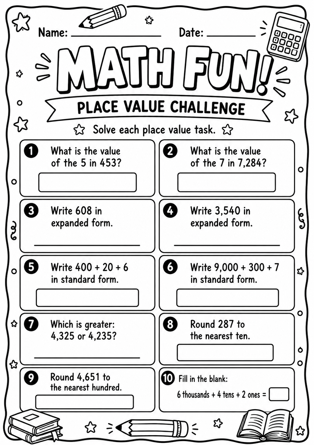 Printable Math Fun place-value challenge worksheet for ages 9 and 10 with digit values, expanded form, number comparison and rounding questions