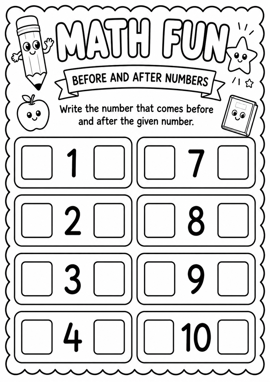 Printable Math Fun before-and-after numbers worksheet using numerals one to ten for age 5