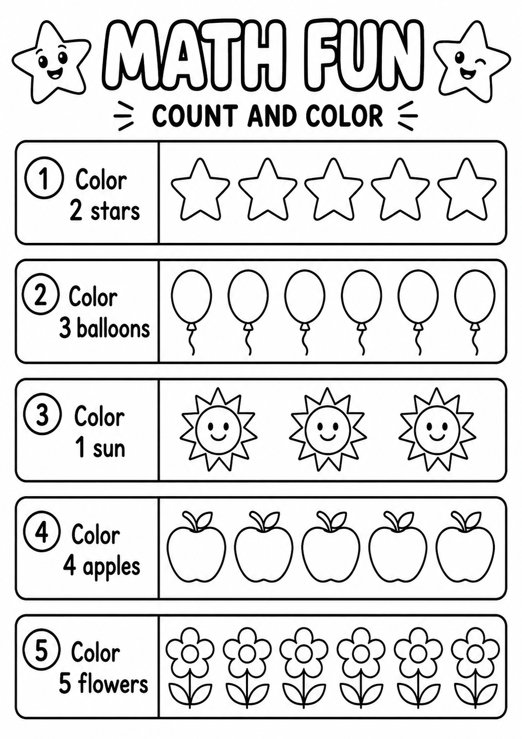 Printable Math Fun count-and-color worksheet with quantities from one to five for age 5