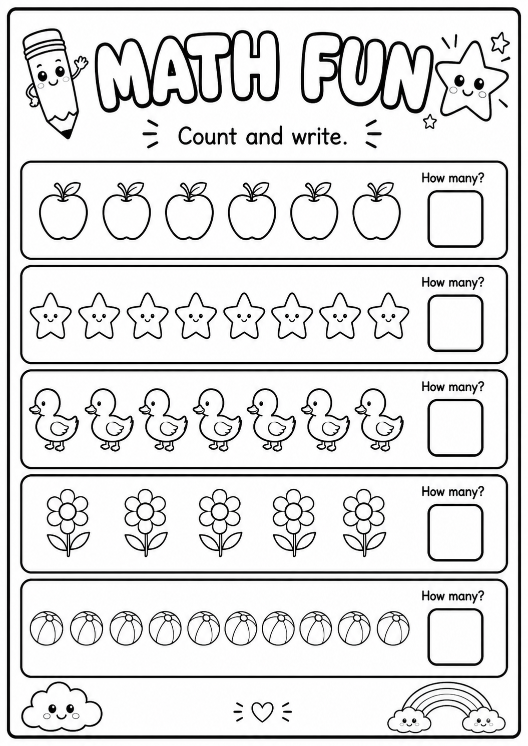 Printable Math Fun count-and-write worksheet with picture quantities up to ten and answer boxes for age 6
