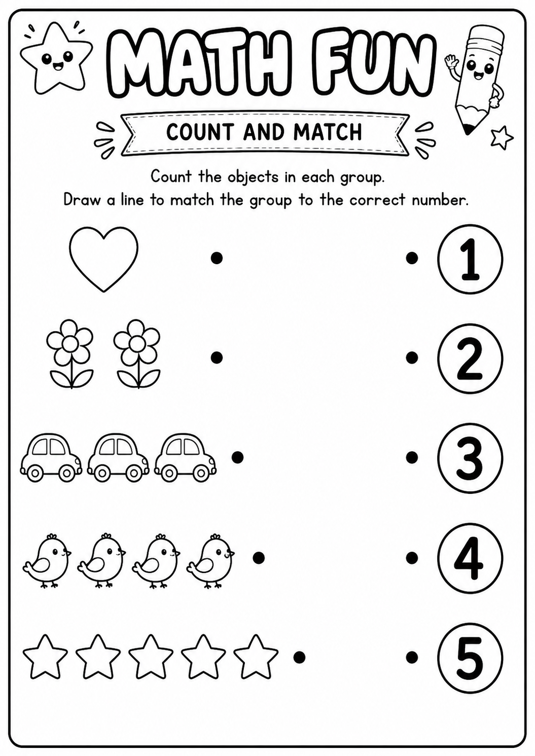 Printable Math Fun count-and-match worksheet with picture groups and numerals one through five for age 6