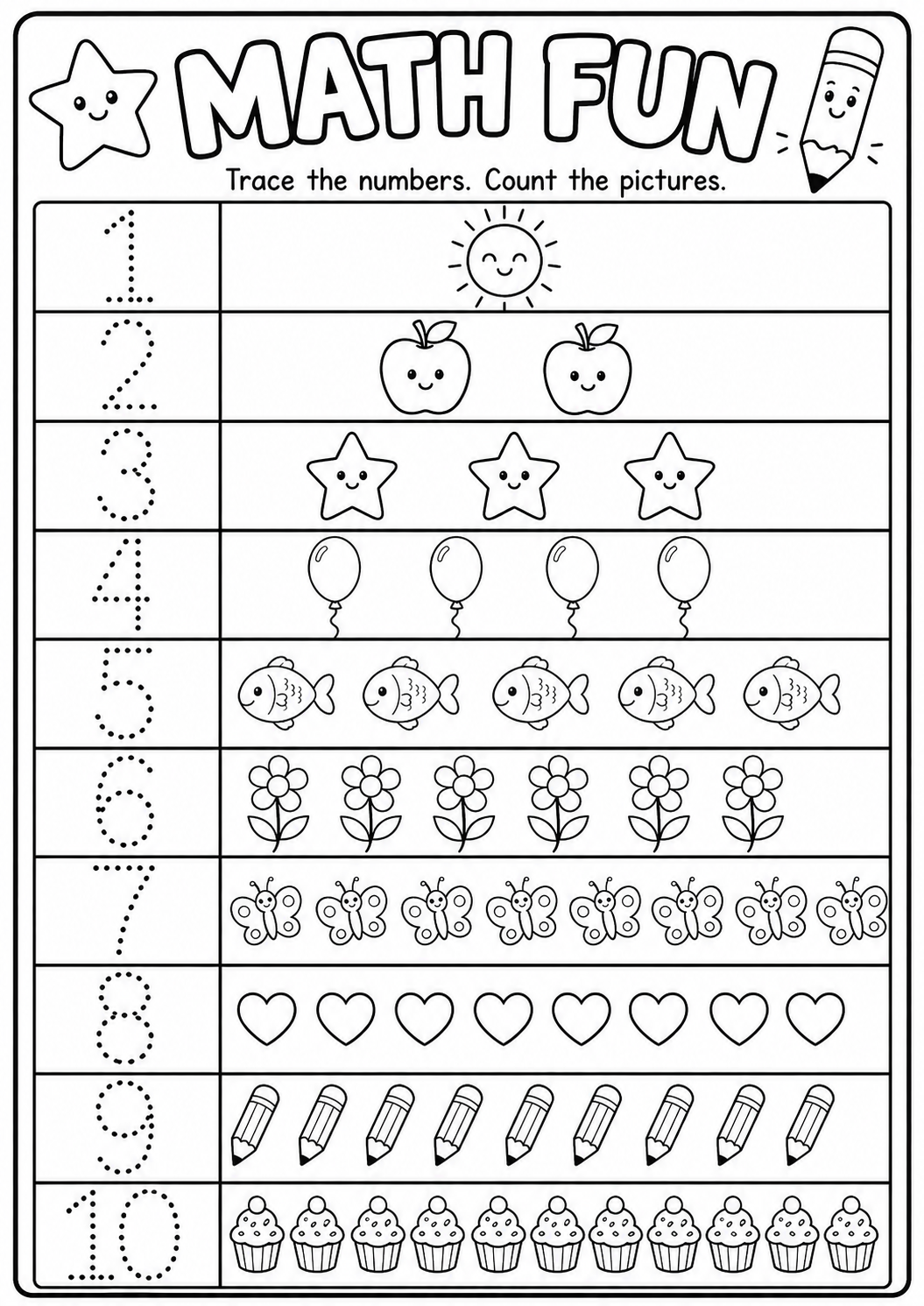 Printable Math Fun tracing and counting worksheet with dotted numbers one to ten and matching pictures for age 6