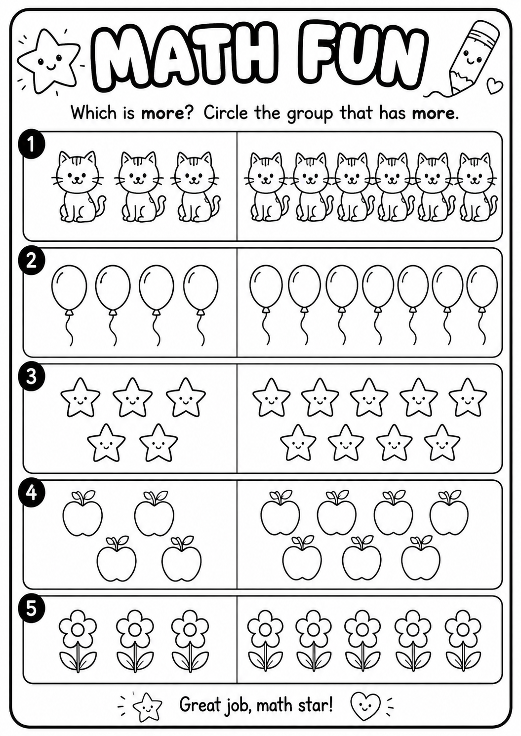 Printable Math Fun comparison worksheet asking children age 6 to circle the picture group with more objects