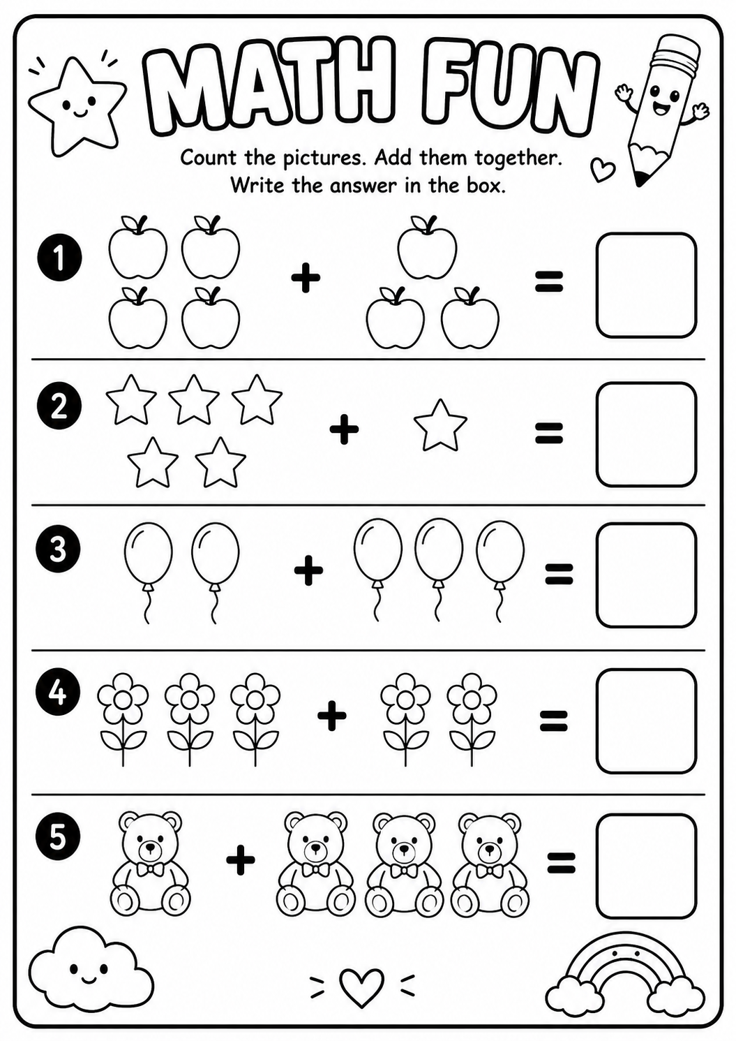 Printable Math Fun picture-addition worksheet with five sums within ten and answer boxes for age 6