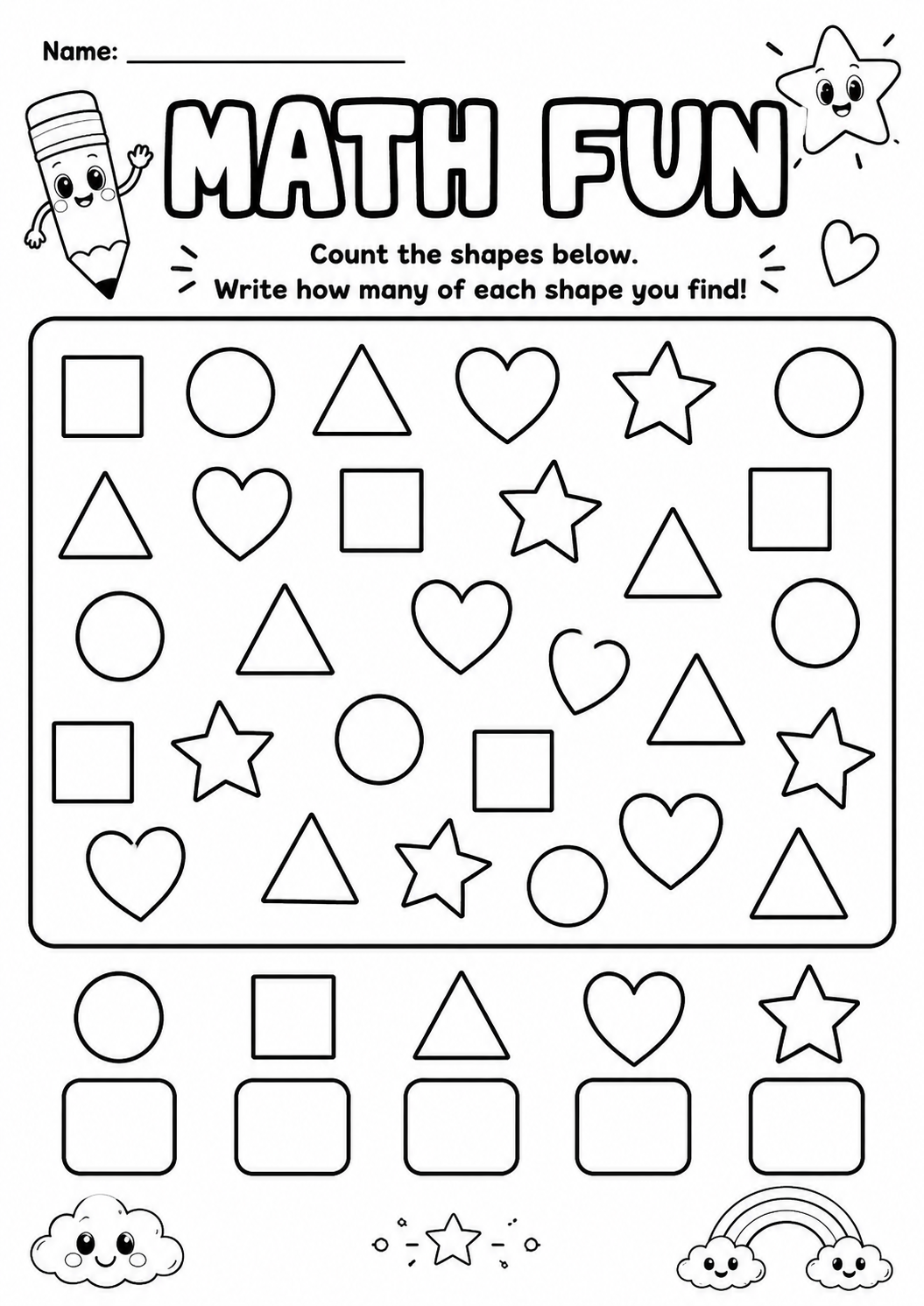 Printable Math Fun shape-hunt worksheet with five kinds of shapes to count and answer boxes for age 6