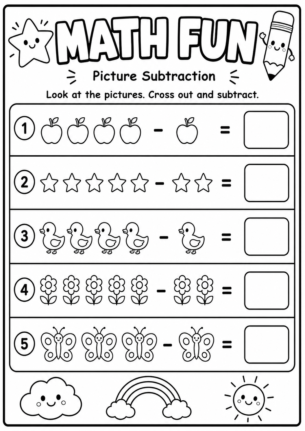 Printable Math Fun picture-subtraction worksheet with cross-out problems and answer boxes for age 6