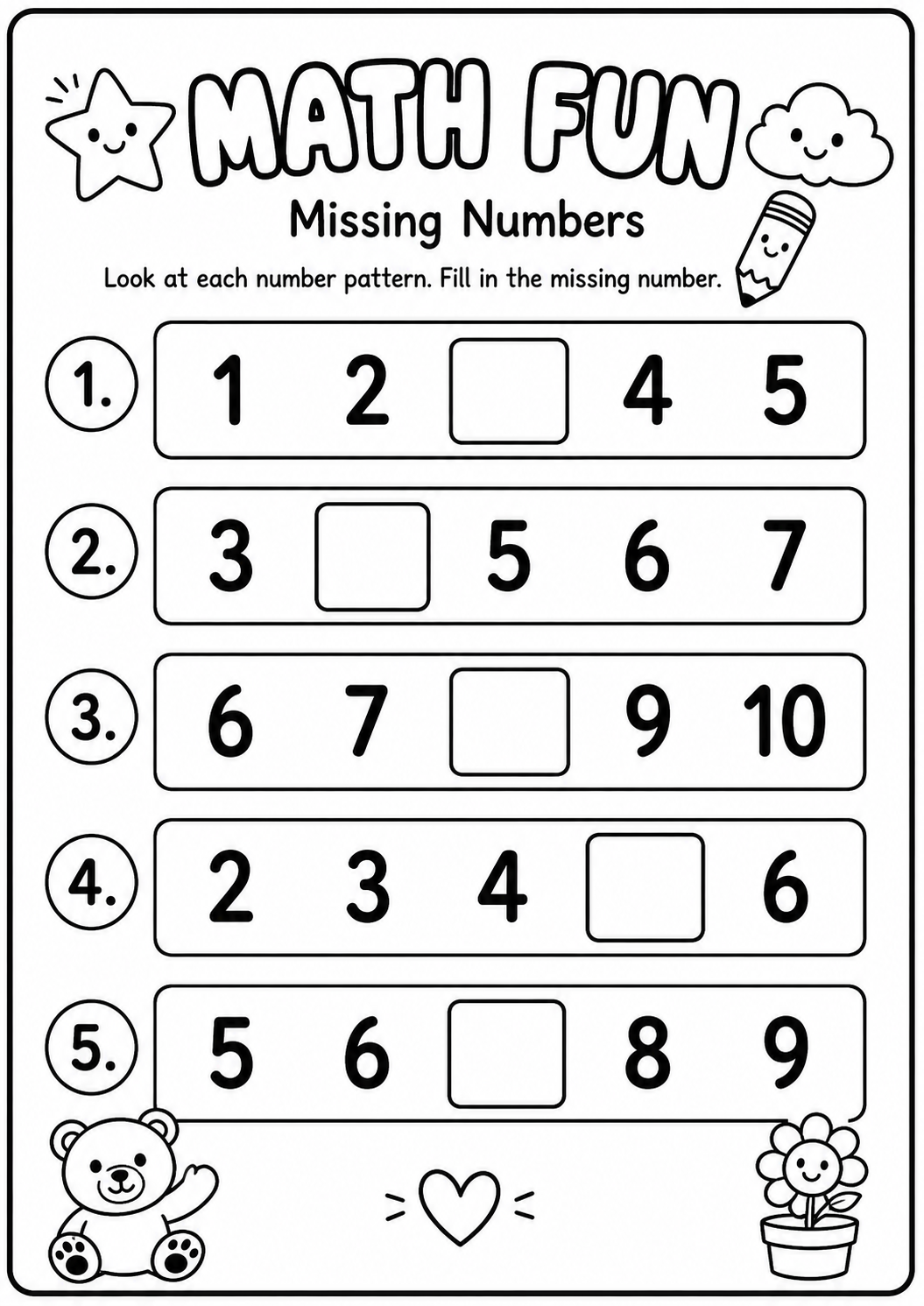 Printable Math Fun missing-number worksheet with five sequences within one to ten for age 6