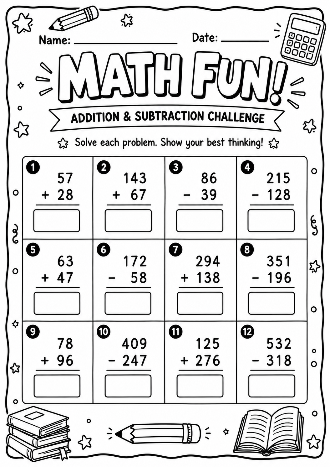 Printable addition and subtraction Math Fun worksheet with twelve two-digit and three-digit calculations for ages 9 and 10