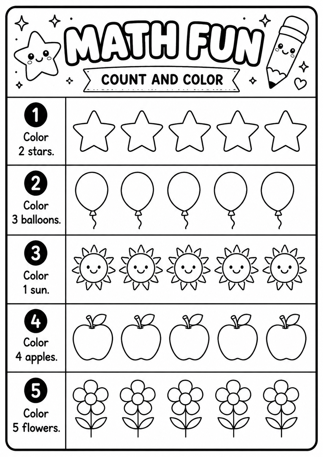 Printable Math Fun count-and-color worksheet with five quantity directions for age 6